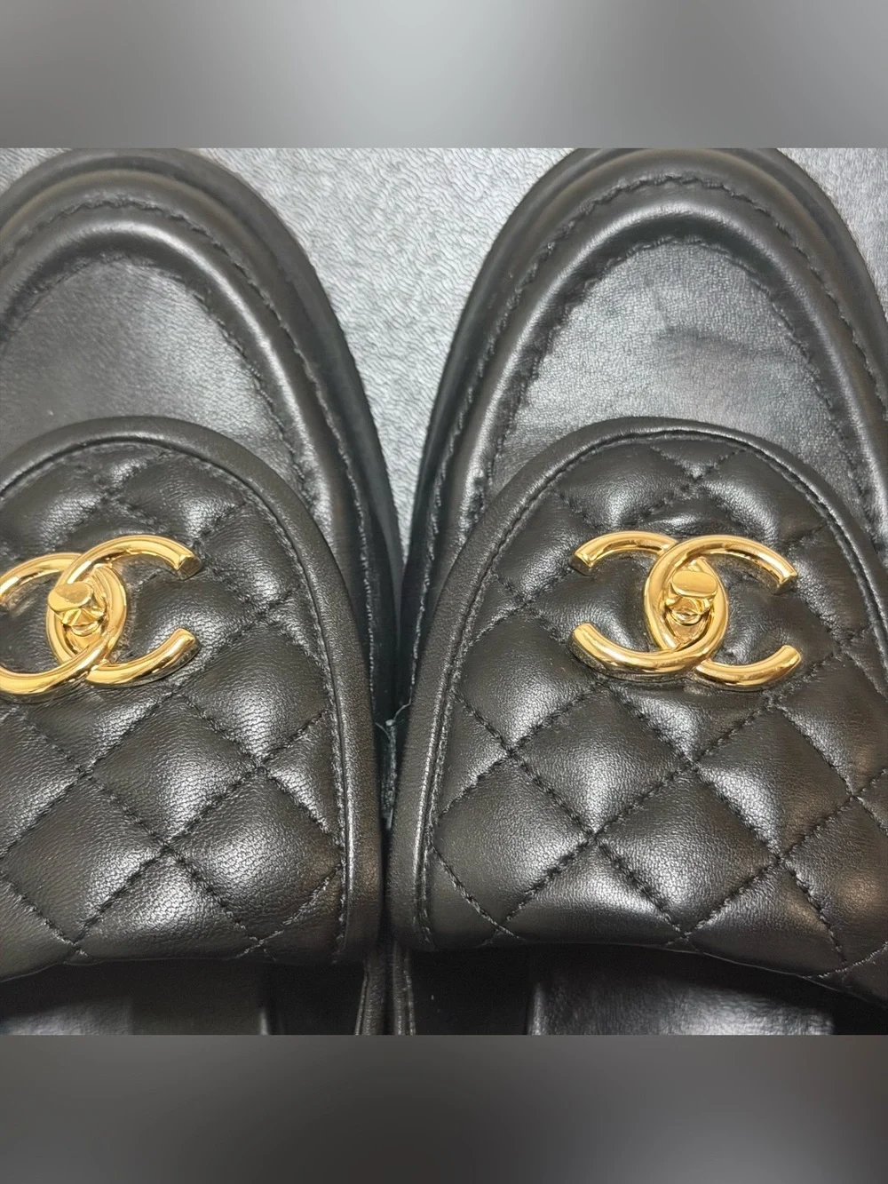 CHANEL Black Quilted Leather Loafers Gold CC Emblem